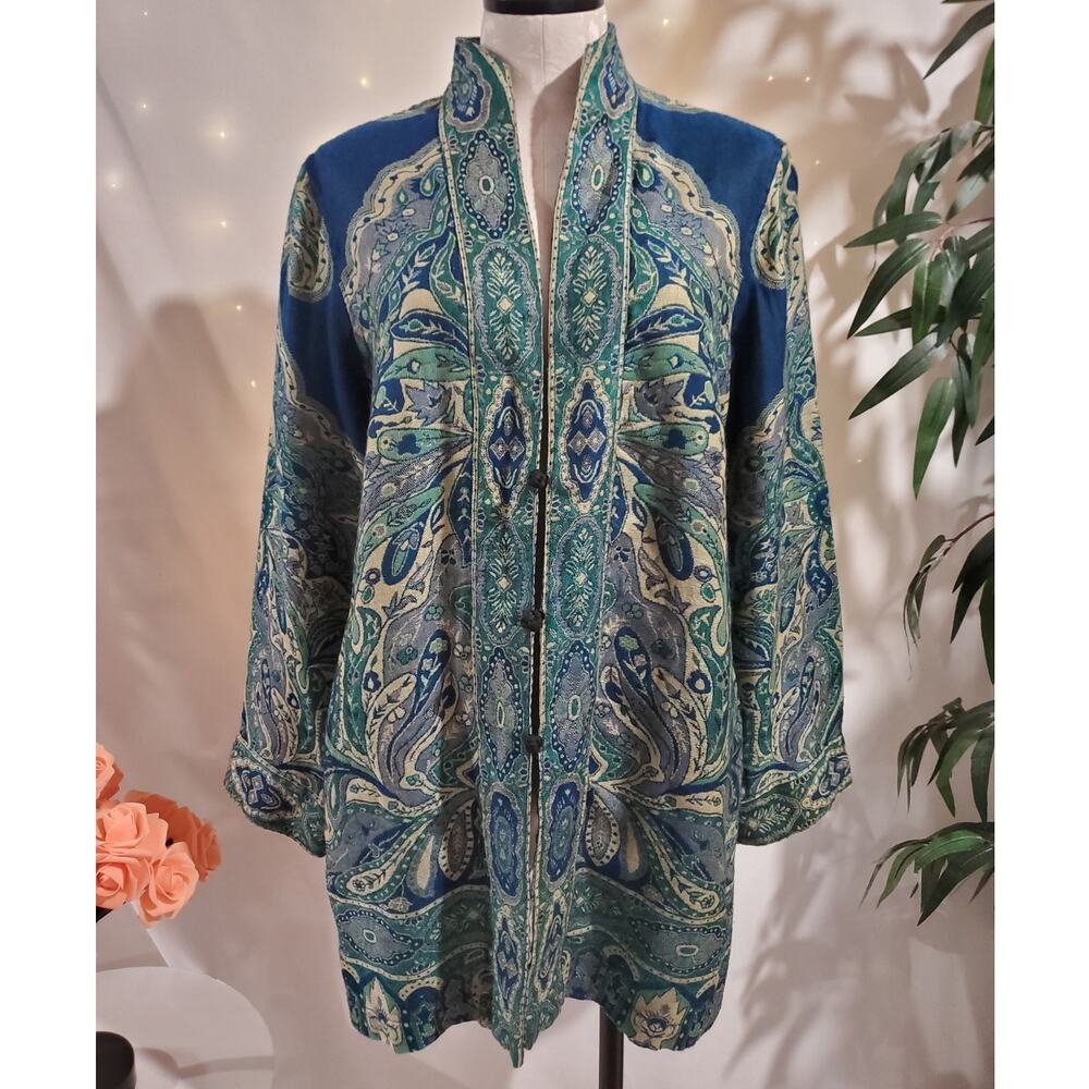 Vtg TravelSmith Womens Paisley Mandarin Button Tapestry Jacket Size L Boho